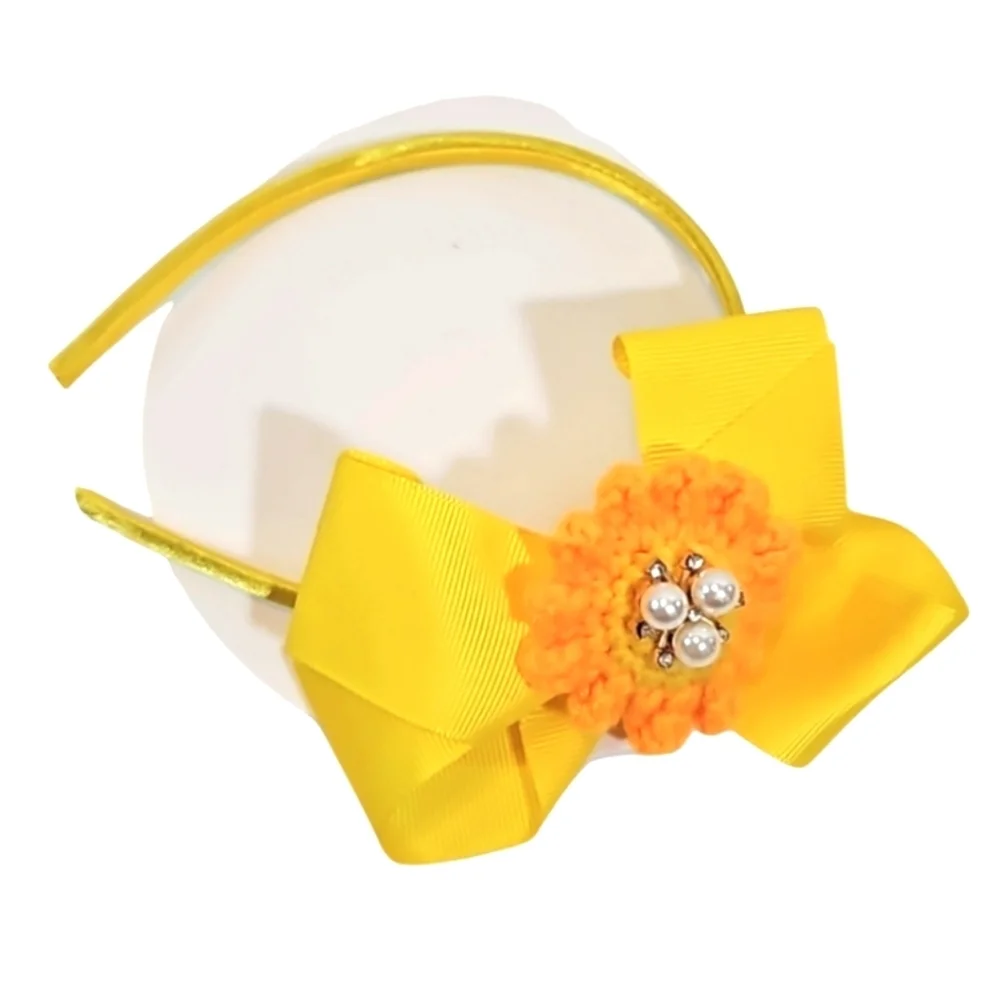 Hand Crafted yellow bow hairband hand crochet flower faux pearls beads floral